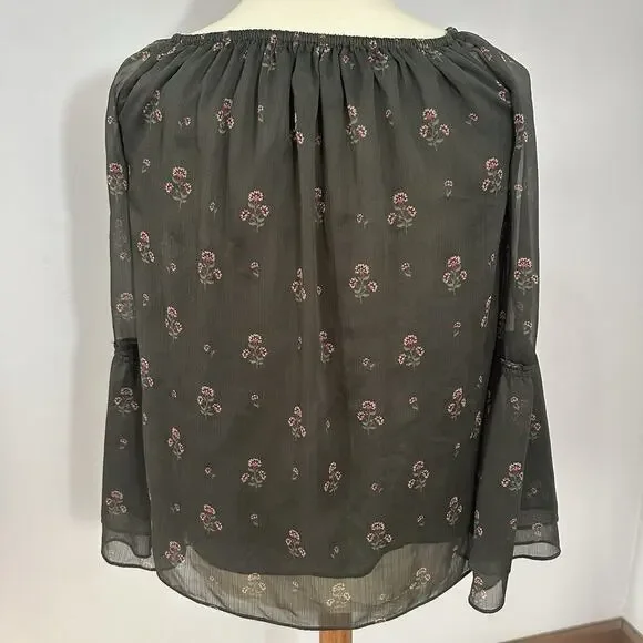 WHBM Whimsigoth Top Sheer Floral Bell Sleeve Peasant Boho Fairy Goth Vamp Green - Picture 6 of 11